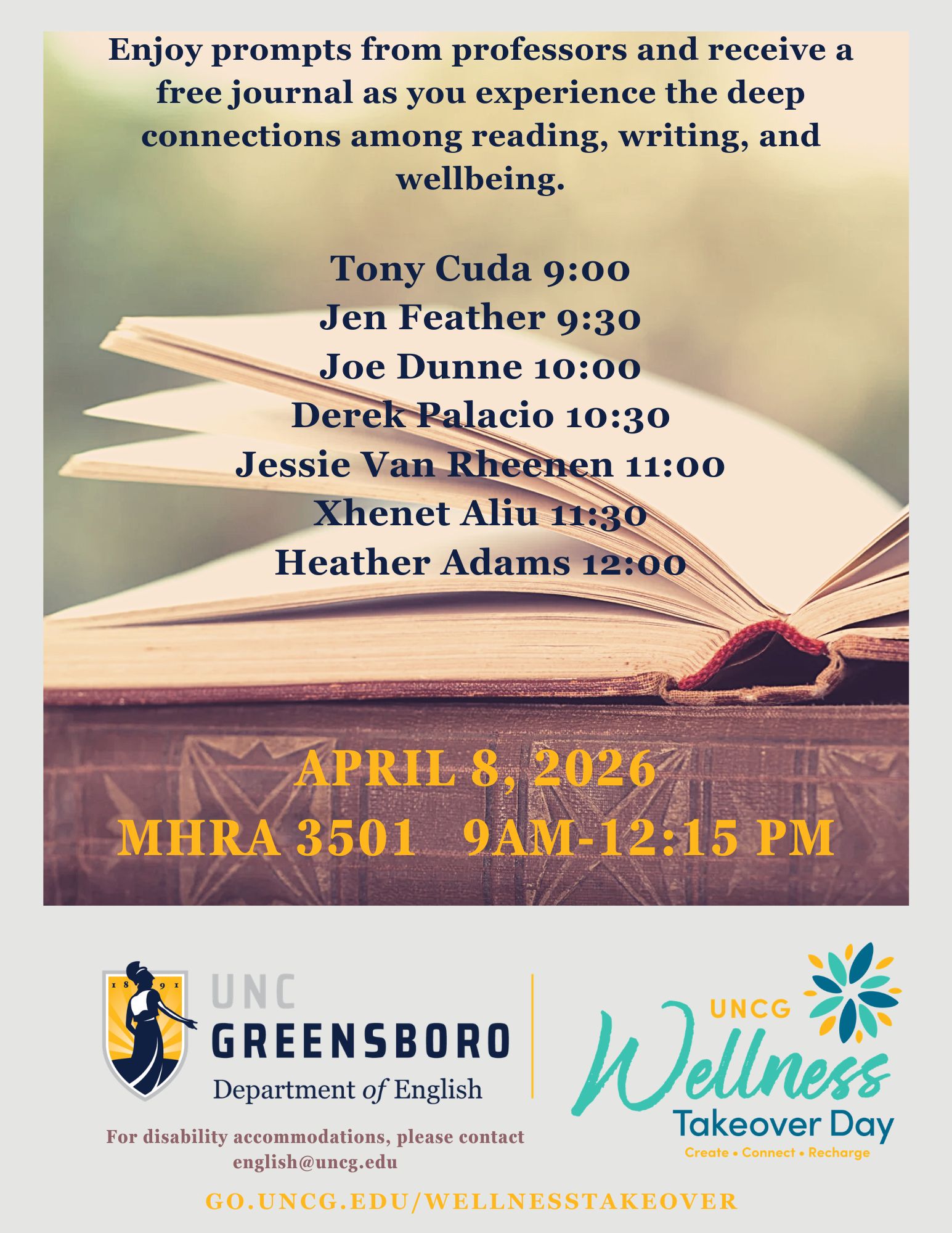 Wellness Takeover Day in the English Department on April 8 from 9-12